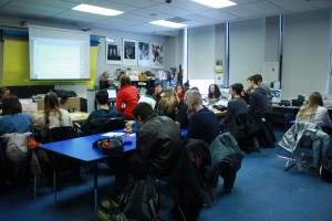 Forum Council representatives meet in Steve Coron's room during lunch.