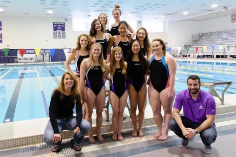 Pioneer Women’s Swimming head coach, Stefanie Kerska, with assistant coach, Frankie DeMaria, and state team. 